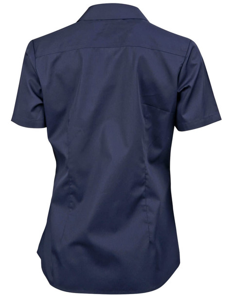 A navy button-up shirt with short sleeves and a dobby striped design on the back. Features a small pocket.