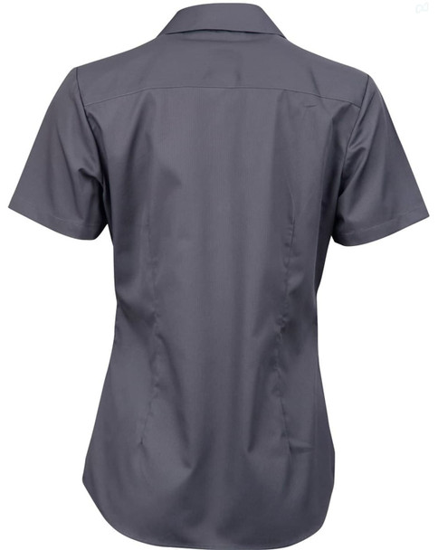 A short-sleeved button-up shirt in dark grey with a fitted silhouette and a subtle striped pattern.