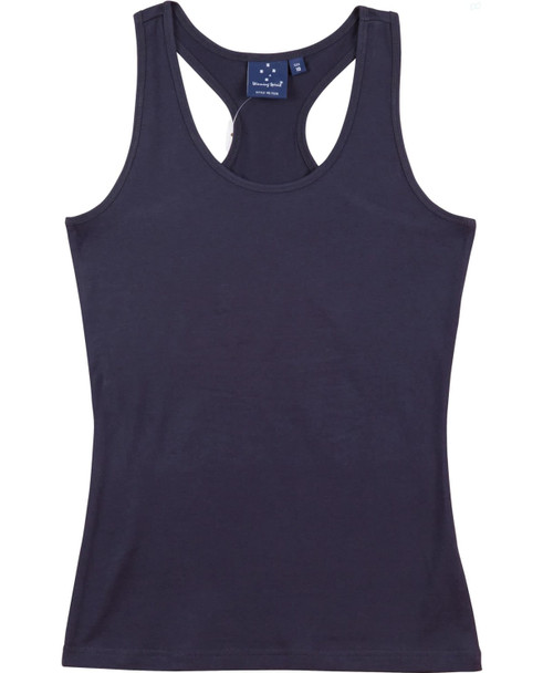 A fitted stretch singlet in navy blue with a racerback design and a small tag inside.