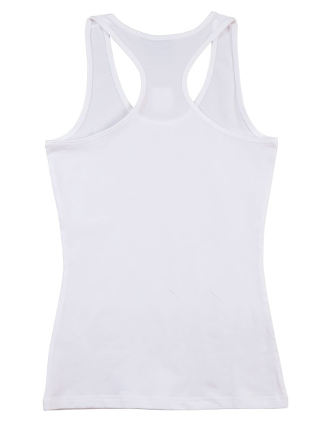 A white ladies' fitted stretch singlet with a racerback design and a logo on the backside.