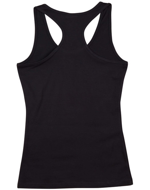 A black ladies' fitted stretch singlet with a racerback design, featuring a logo.