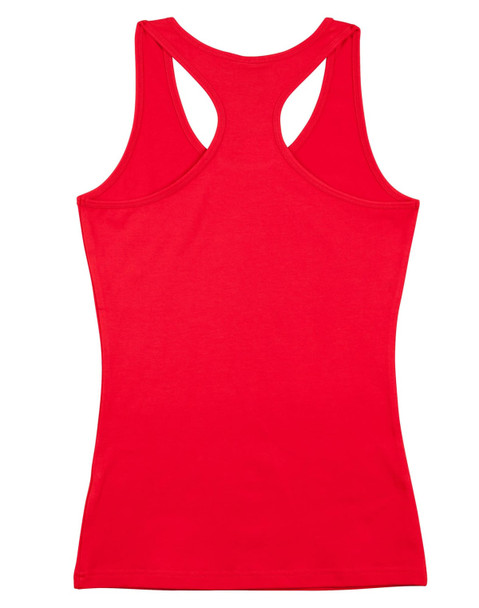 A red ladies' fitted stretch singlet featuring a racerback design. The garment has a sleek, simple look and includes a logo.