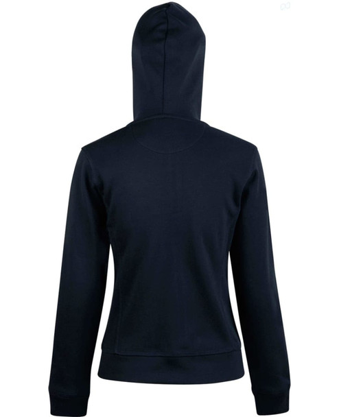 A navy full zip fleece hoodie with a fitted design and a hood, featuring a logo.