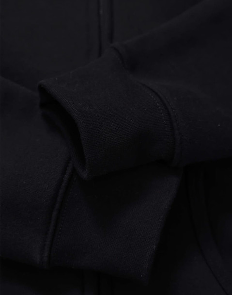 A black full-zip fleecy hoodie with a smooth fabric texture and a close-up view of the sleeve.