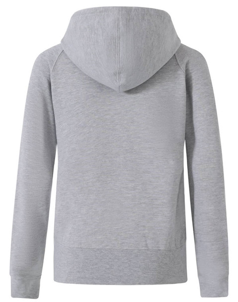 A grey ladies' full-zip fleecy hoodie with a hood and long sleeves, featuring a simple design and branding.