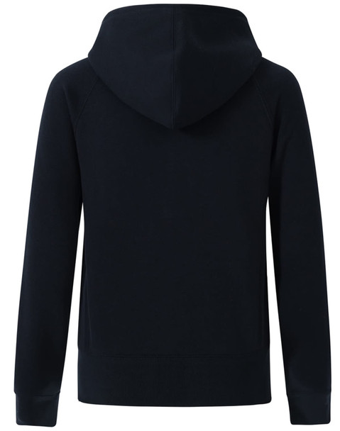 A full-zip fleecy hoodie in navy blue with a hood, featuring raglan sleeves and a fitted hem.