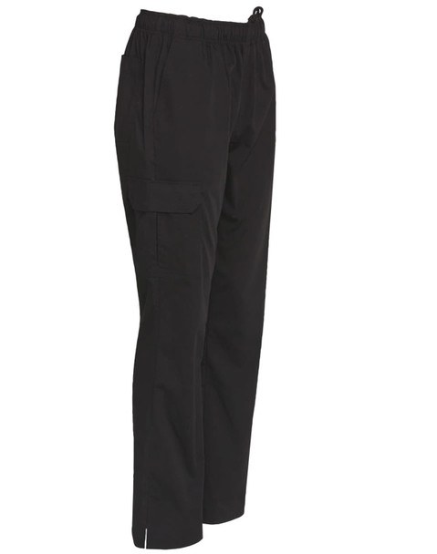 Functional ladies' chef pants in black, featuring an elastic waistband and cargo pockets. Includes a logo.