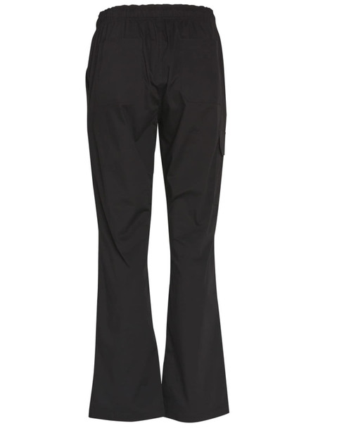 Black functional chef pants with a relaxed fit and pockets, featuring an elastic waistband. The back view is displayed.