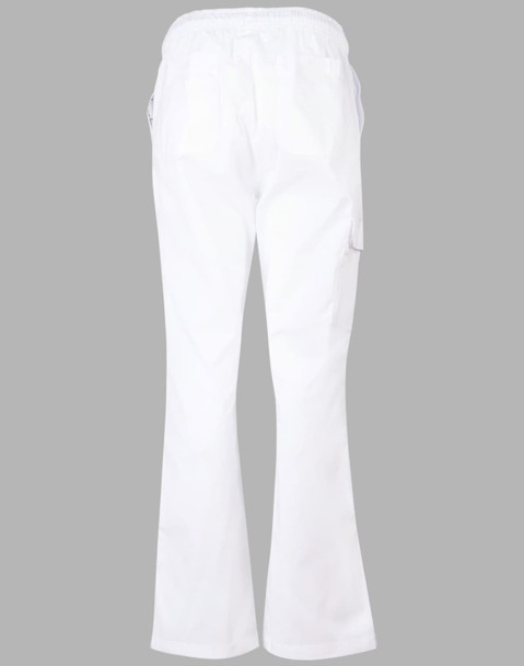 White ladies' chef pants with a flared bottom, featuring a back view and pockets. Includes a logo.