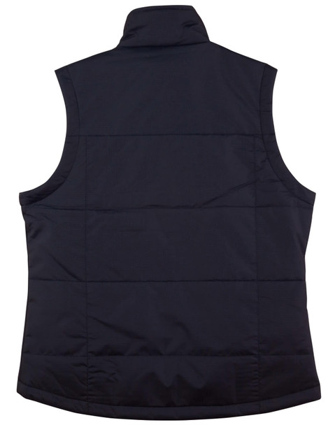 A navy blue ladies' padded vest featuring a rip-stop design and a back view, with a logo on the fabric.