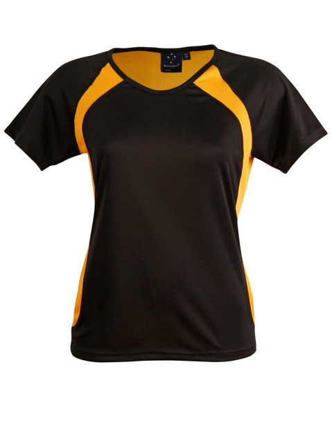 A black and orange ladies' tee shirt featuring a sporty design with mesh panels on the sides and a logo.