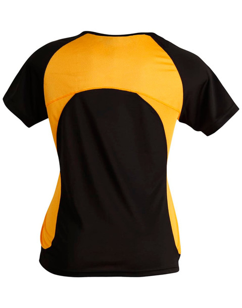 A black and yellow ladies' T-shirt with a mesh design on the back. It features a branding logo.