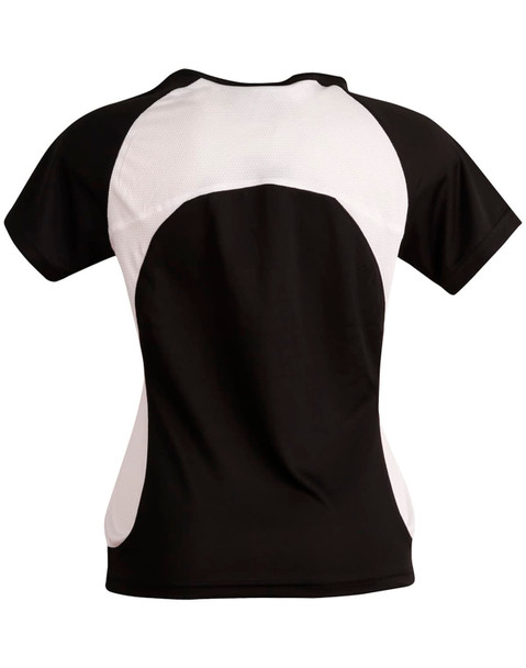 A black and white ladies' T-shirt with a mesh design on the back and short sleeves. It features a logo.