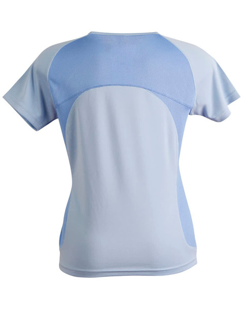 A light blue ladies' tee shirt featuring a mesh back and a logo. The design is sporty and fitted.