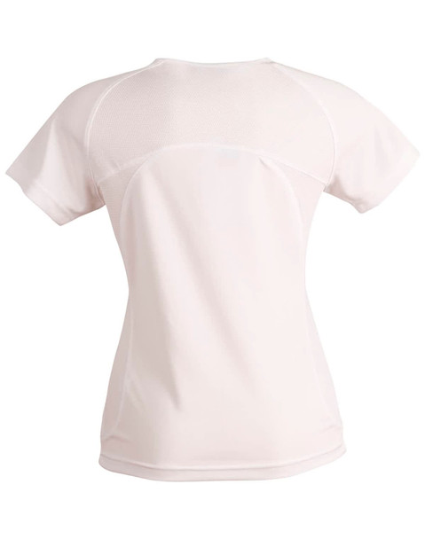 A ladies' tee shirt in white with a mesh back design and short sleeves, featuring a logo.