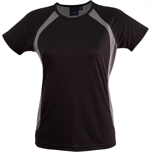 A black ladies' T-shirt with mesh detailing on the sides, featuring a logo on the neckline.