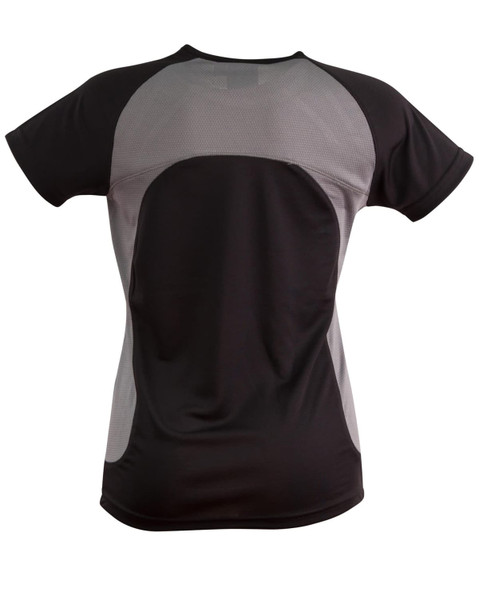 A black and grey ladies' t-shirt featuring a sleek design and mesh panels for breathability.