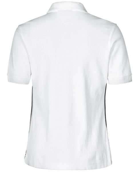 A white ladies' polo shirt featuring contrast piping on the sides and a classic collar. It has a simple design with a logo.