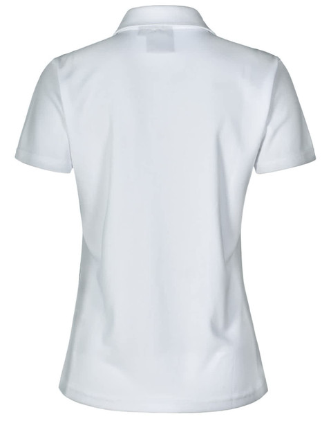 A white women's rapid cool short sleeve polo shirt with a collar and a logo on the back.