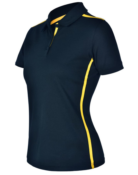 A navy short sleeve polo shirt with contrasting yellow side panels and a collar, featuring a logo.