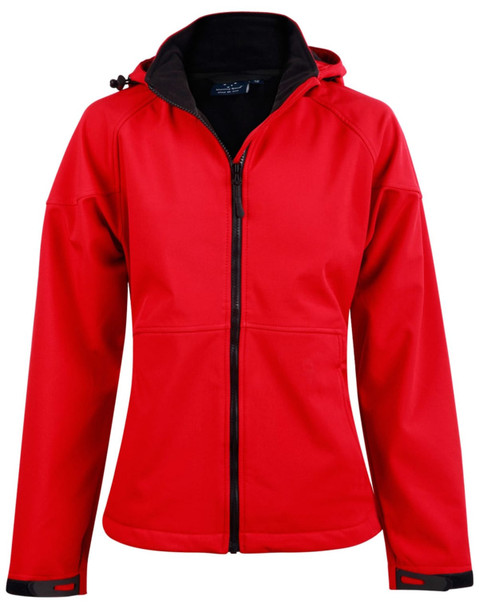 A red ladies' softshell full zip hoodie with a black interior and a hood, featuring a logo on the front.