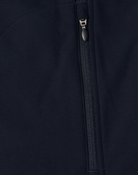 A dark navy softshell vest featuring a zippered closure and a logo on the fabric.
