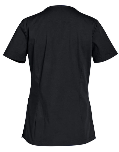 A black women's scrub top with short sleeves and a fitted design, featuring a logo on the back.