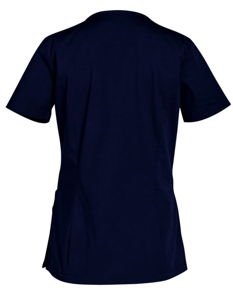 A navy blue ladies' scrub top with short sleeves and a simple design, featuring a logo on the back.