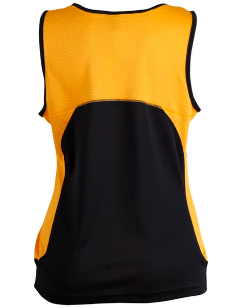 A women's singlet featuring a yellow front and black back, with a mesh design and a logo.