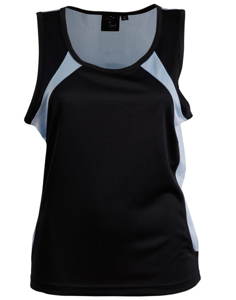 A black and light blue ladies' singlet featuring a lightweight design and athletic cut, with a logo on the label.