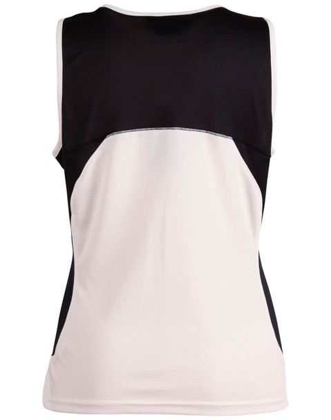 A women's singlet featuring a black and white design with a logo present on the garment.