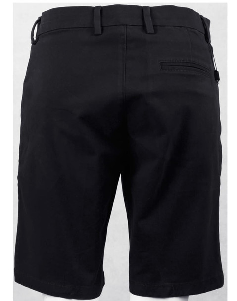 Black stretch cotton chino shorts featuring a back pocket and a waistband with belt loops.