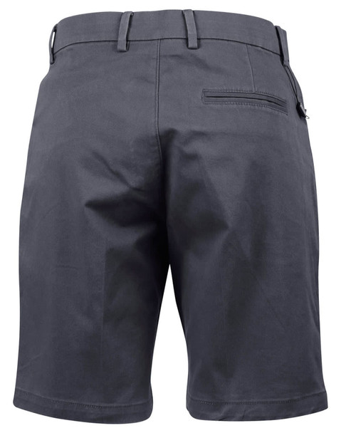 Ladies' stretch cotton chino shorts in dark grey, featuring a back pocket and belt loops. Includes a logo on the waistband.