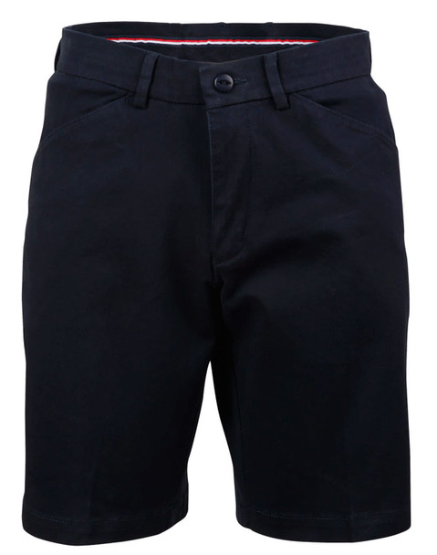 A pair of navy ladies' stretch cotton chino shorts with a button closure and pockets, featuring a branded logo.