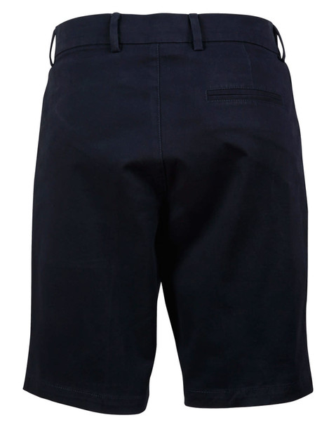 Ladies' stretch cotton chino shorts in navy, featuring a back pocket and a logo. Suitable for casual wear.