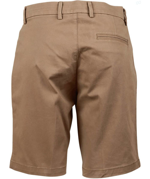 Ladies' stretch cotton chino shorts in a light brown shade, featuring a back pocket and logo branding.