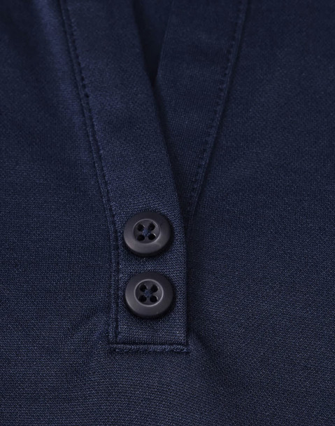 A navy blue polo shirt featuring a two-button placket and a logo. The material is a sustainable poly/cotton blend.