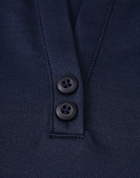 A navy blue lightweight polo shirt featuring a button-up collar and two black buttons. Includes a logo.