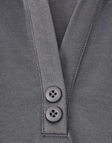 A grey sustainable poly/cotton polo shirt featuring a placket and two buttons. The shirt includes a logo.
