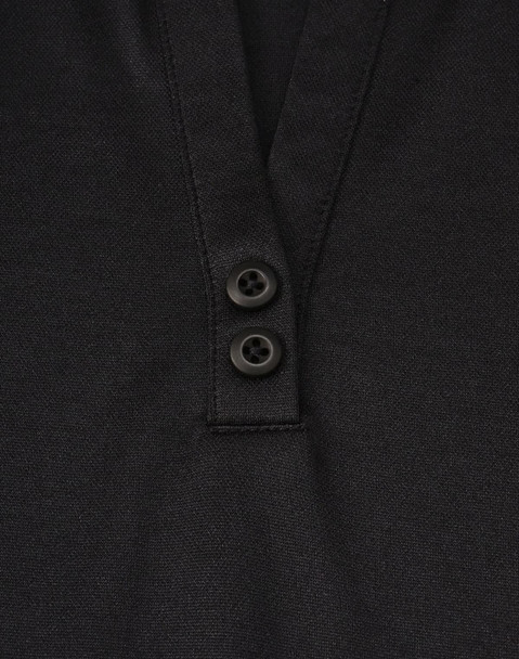 A black polo shirt featuring a V-neck and two buttons, made from sustainable poly/cotton material.