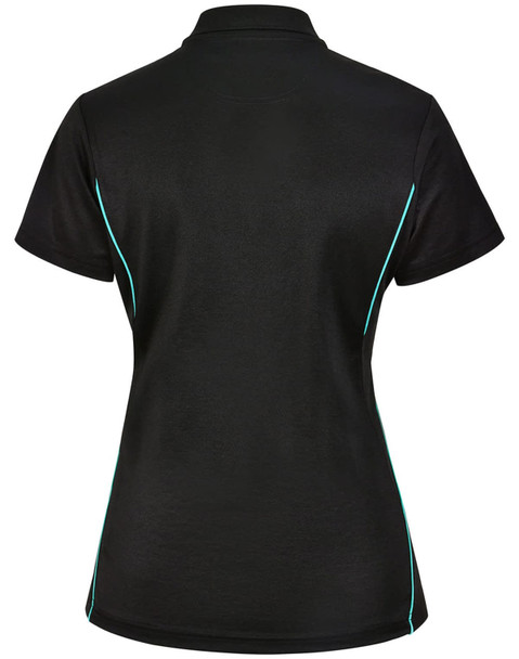 A black ladies' polo shirt with contrast teal piping and a logo on the back.