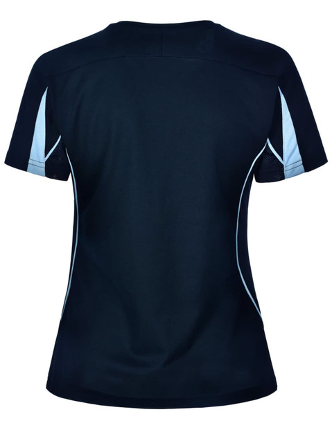 A ladies' short-sleeve T-shirt in navy with light blue detailing and a logo.