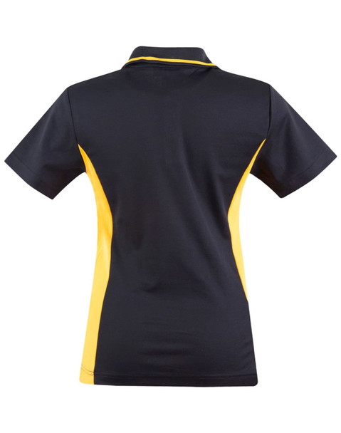 A black and yellow women's polo shirt featuring a contrasting design and a logo on the back.