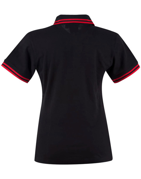 A black polo shirt with red-striped detailing on the collar and sleeves, featuring a logo.