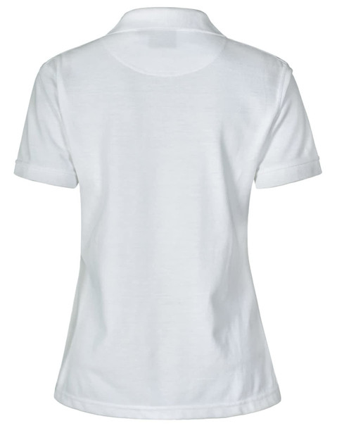 A white ladies' polo shirt featuring a short design and rolled sleeves, with a logo on the back.