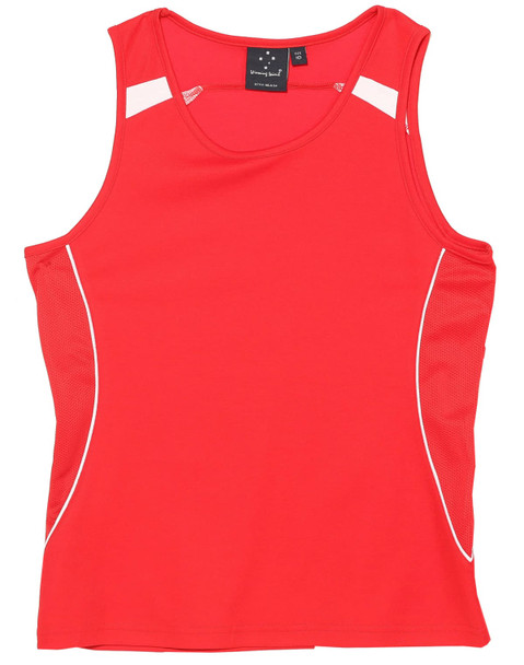 A red ladies' singlet featuring mesh panels and white accents, plus a logo on the design.