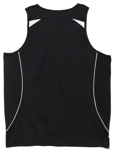 A black ladies' singlet with white accent detailing and a logo. The back features a sporty design.