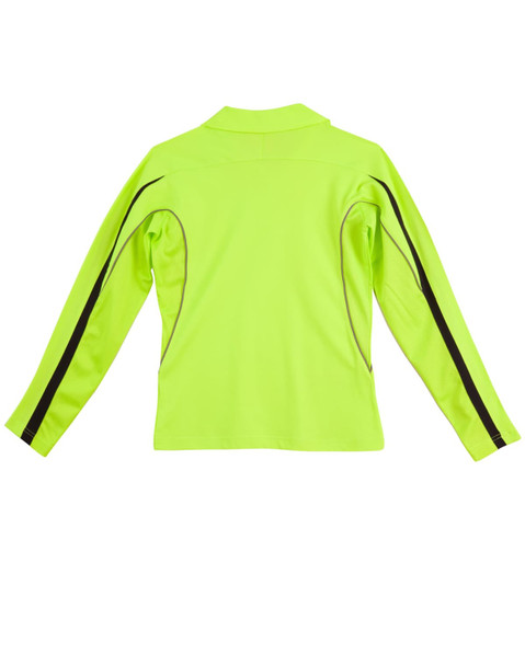 A bright yellow long-sleeve polo shirt with black detailing and a logo on the back.