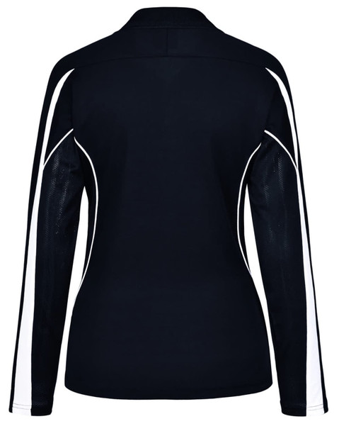 A black long sleeve polo shirt featuring white side panels and a logo on the back.