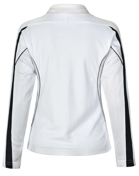 A long sleeve polo shirt in white with black detailing and a mesh back, featuring a logo.